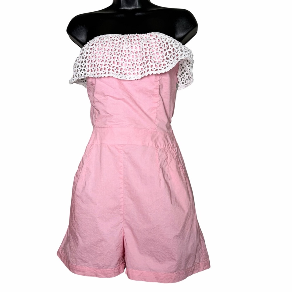 Lauren James Pink Strapless Romper Ruffle Trim Cotton USA M Coquette Southern - Picture 2 of 8